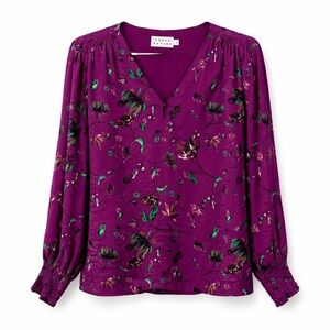 Tanya Taylor 100% Silk Purple Floral V-Neck Blouse Size 8